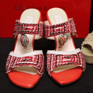 Christian Lacroix Designer Tweed Red Fabric Wedge Sandals Size EU39
